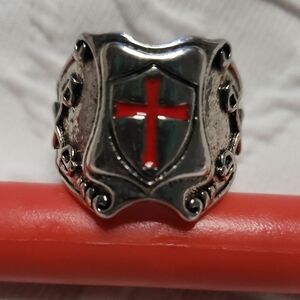 Men's Silver and Red Cross Shield Ring